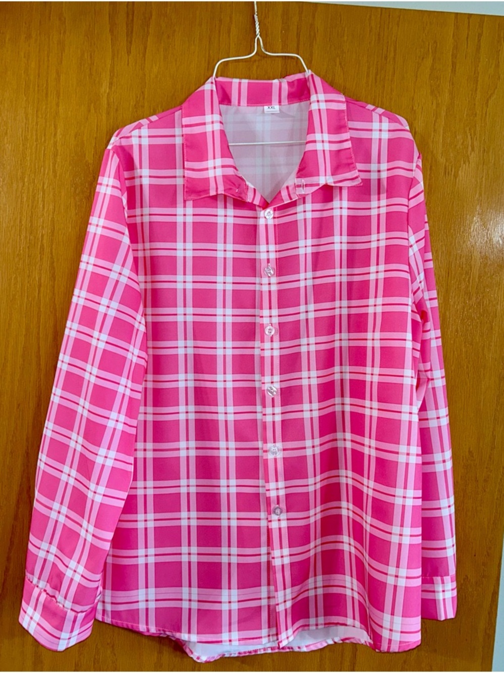 NEW XXL Women’s Pink & White Summer Plaid Top - Classic Button With Long Sleeves